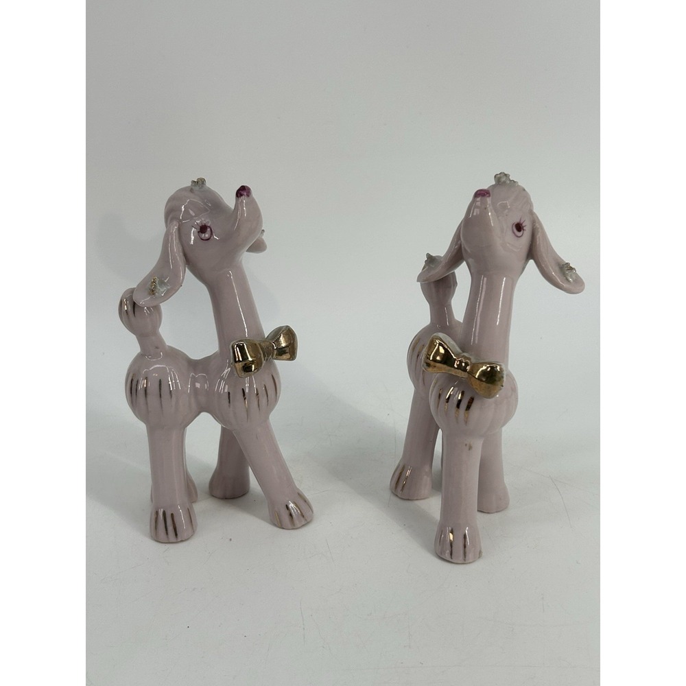Vintage Thames Japan Long Neck Pink Dog Figurine Spaghetti Trim Set Of 2